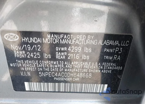 2013 Hyundai Sonata Se z USA, uszkodzony, nr VIN 5NPEC4AC0DH648668